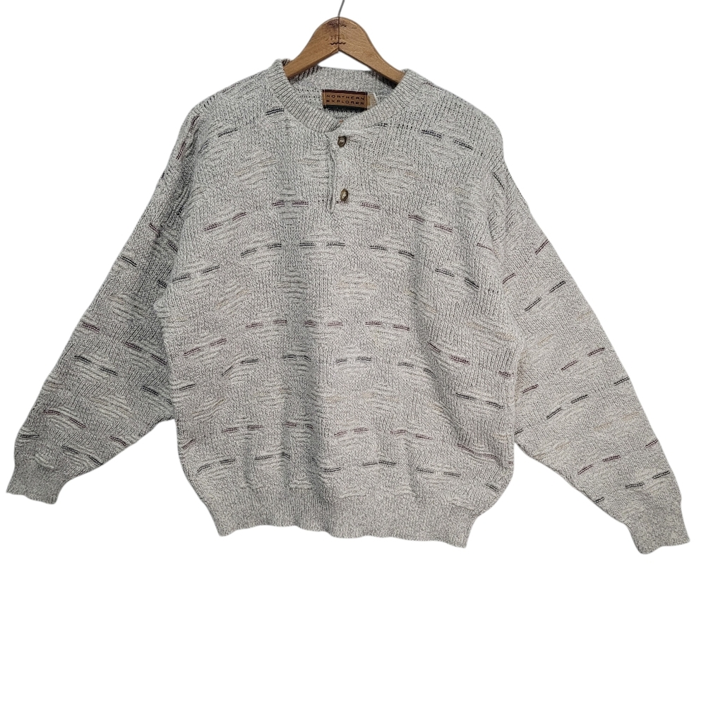 Men's Vintage Cotton Henley Sweater Northern Explorer Size XL Grey Cozy Grandpa